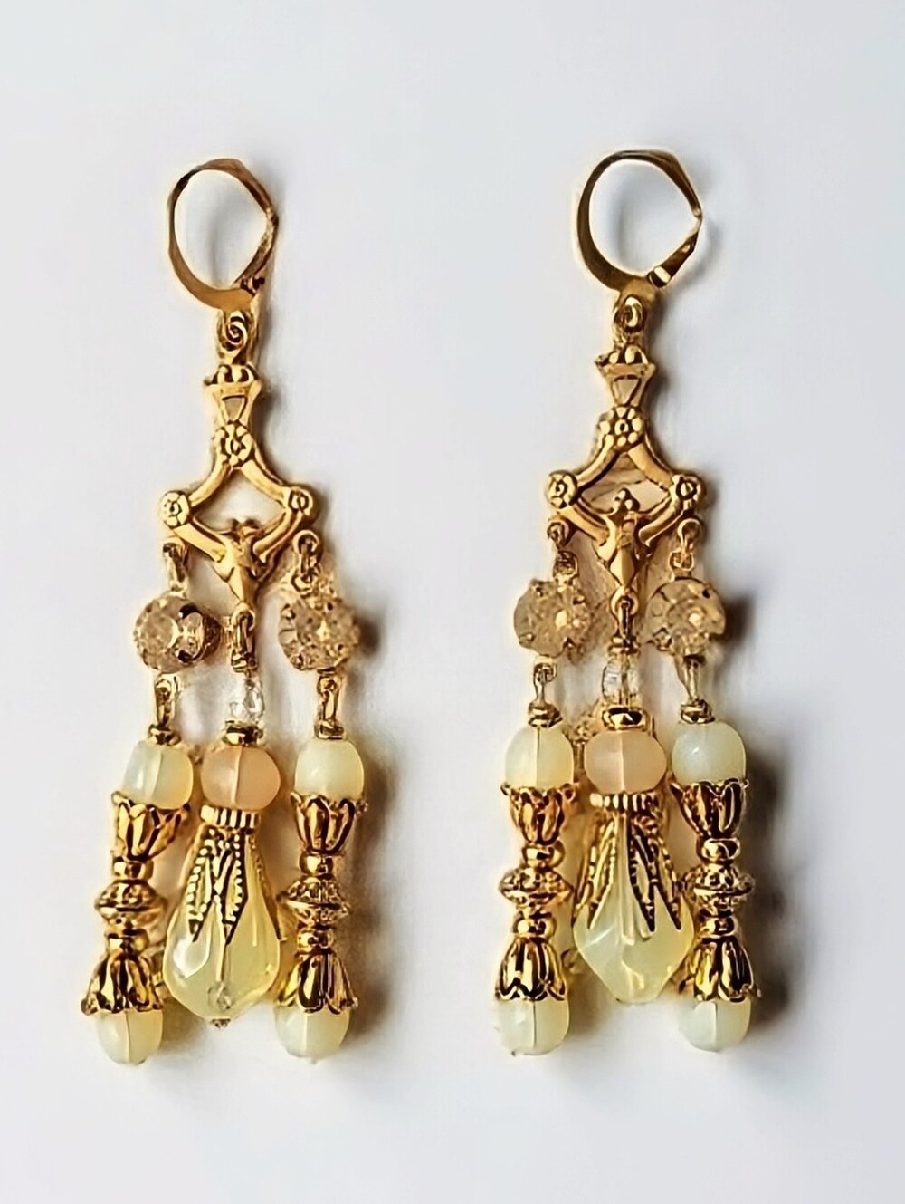 Victorian Yellow Opal Crystal & Glass  Gold Plated Chandelier Art Deco Earrings